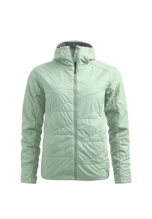 Hellgrüne isolierte Jacke mit Frontreißverschluss und Kapuze, mit diagonalen Steppnähten und hohem Kragen.