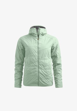 Hellgrüne isolierte Jacke mit Frontreißverschluss und Kapuze, mit diagonalen Steppnähten und hohem Kragen.