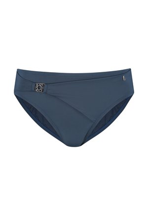 Marineblauwe bikini onderkant gemaakt van soepel stof. Heeft een asymmetrisch ontwerp met een decoratief metalen accent en logo-detail aan de zijkant.