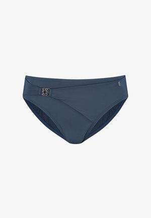 Marineblauwe bikini onderkant gemaakt van soepel stof. Heeft een asymmetrisch ontwerp met een decoratief metalen accent en logo-detail aan de zijkant.