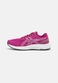 Scarpa da corsa rosa con tomaia in mesh, dettagli bianchi, intersuola bianca e suola in gomma nera. Presenti dettagli riflettenti.