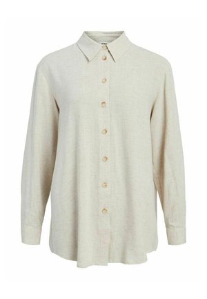 Camicia beige a maniche lunghe con colletto appuntito e bottoni rotondi semplici, vestibilità ampia con orlo dritto.
