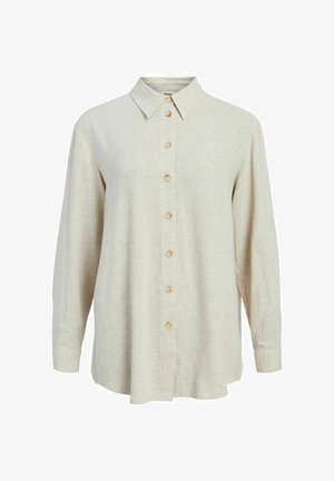 Camicia beige a maniche lunghe con colletto appuntito e bottoni rotondi semplici, vestibilità ampia con orlo dritto.