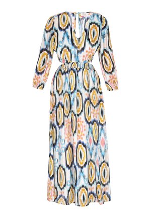 Pikk mitmevärviline kleit, millel on V-kaelus, pikad varrukad ja elastne vöökoht. Kangas näitab mustrilist disaini, kus on sinise, oranži ja kollase toone.