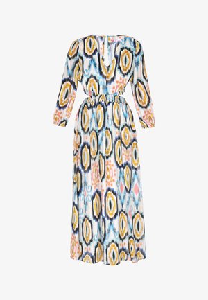 Lunga vestito multicolore con scollatura a V, maniche lunghe e vita elastica. Il tessuto presenta un design a motivi con tonalità di blu, arancione e giallo.
