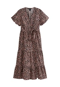 Tijgerprint jurk met korte uitlopende mouwen, een V-hals, gathered taille en gelaagde, gerimpelde zoom. Kleuren zijn roze en zwart.