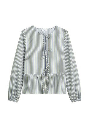 Striped blouse with a round neckline, long sleeves, and front ties; features green and white stripes with a gathered peplum bottom.