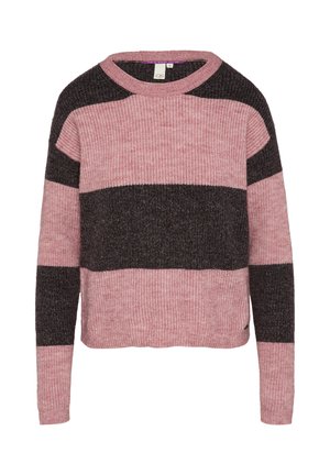 Pullover mit Rundhalsausschnitt, der horizontale Streifen in Pink und Dunkelgrau zeigt. Stricktextur, lässige Passform und lange Ärmel.