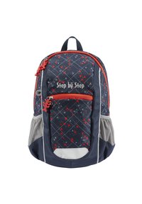 Rucksack mit einem dunkelblauen Design, das geometrische rote Muster und graue Akzente aufweist, sowie einer vorderen Reißverschlusstasche und einer seitlichen Netztasche. Weicher Stoff.