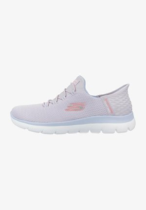 Light purple athletic shoes with a textured mesh upper, lace closure, and a white cushioned sole. Subtle pink accents on the side.