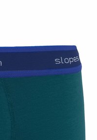 Turkusowe szorty bokserskie z ciemnoniebieskim elastycznym pasem, z napisem "slopes" w jasnoszarym ściegu. Gładka tekstura i dopasowany krój.