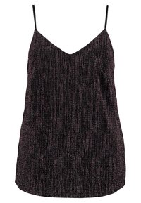 Svart spaghetti-top med vertikala metalltrådar. Har en V-ringning och en avslappnad passform som framhäver en slät, texturerad yta.