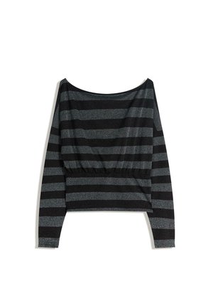 Top cu mâneci lungi, dungi negre și gri, cu decolteu larg, talie adunată și o strălucire subtilă în textura materialului. Material elastic.