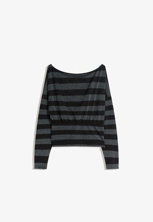 Musta-harmaaraidallinen pitkähihaisen yläosa, jossa leveä pääntie, vyötäröltä kerätty malli ja kankaan hienovarainen kimallus. Joustavaa materiaalia.