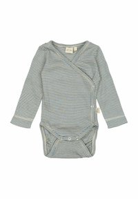 Body a righe per neonati in morbido cotone con maniche lunghe, design avvolgente, righe blu e grigie, e chiusure a scatto sul fondo.