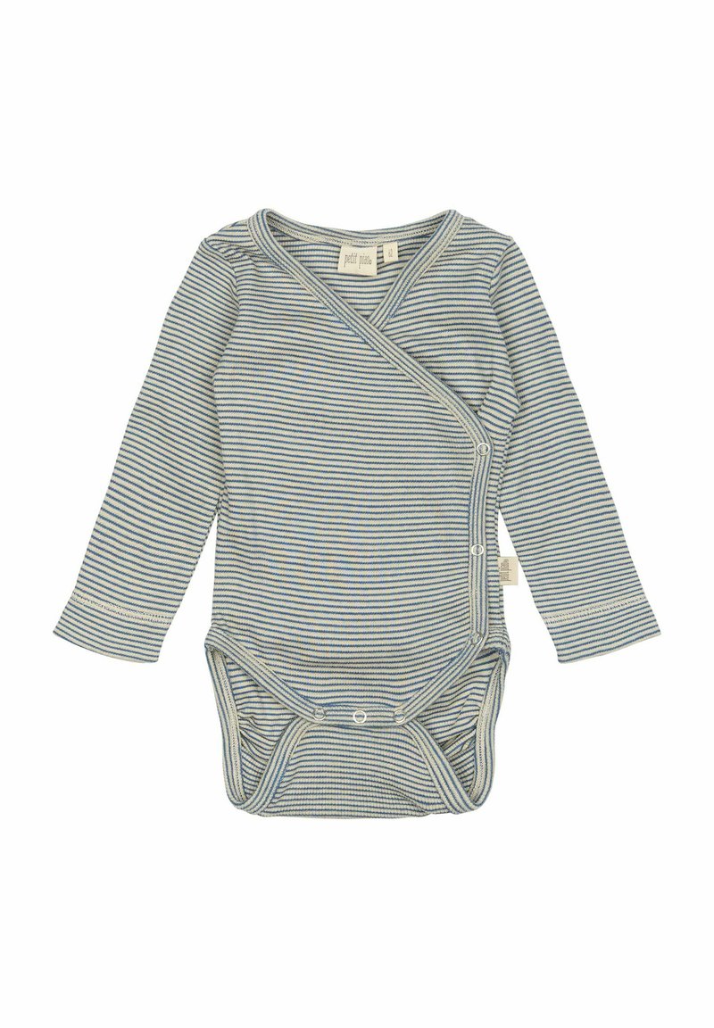 Body a righe per neonati in morbido cotone con maniche lunghe, design avvolgente, righe blu e grigie, e chiusure a scatto sul fondo.