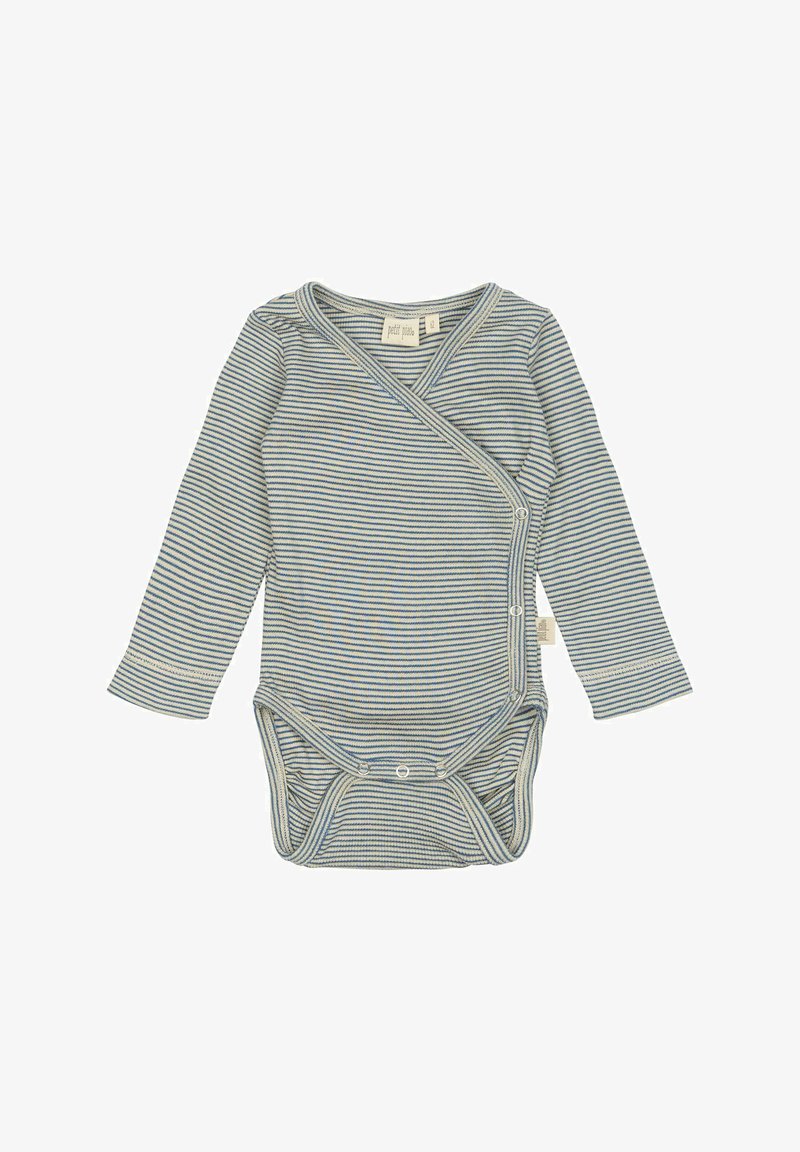 Body a righe per neonati in morbido cotone con maniche lunghe, design avvolgente, righe blu e grigie, e chiusure a scatto sul fondo.