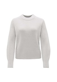Pull en maille côtelée gris clair avec manches longues et encolure ronde, présenté sur fond blanc.