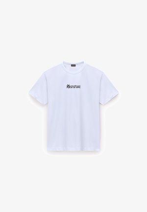 Weißes Baumwoll-T-Shirt mit kurzen Ärmeln und rundem Halsausschnitt, auf der Vorderseite mit schwarzem stilisiertem Text "Wonderful". Glatte Textur, normale Passform.
