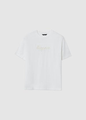 Weißes Baumwoll-T-Shirt mit kurzen Ärmeln. Mit eingesticktem Text "élégance au travail" in heller Stickerei. Klassisches Rundhalsausschnitt-Design.