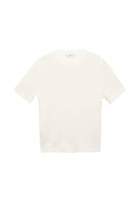 Camiseta de algodón de manga corta en color blanco roto, con una textura acanalada y un cuello redondo clásico, con dobladillo recto y sin adornos visibles.