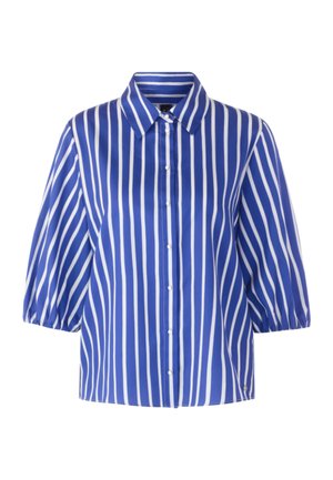 Blue button-up shirt with white vertical stripes, three-quarter puff sleeves, and a pointed collar.