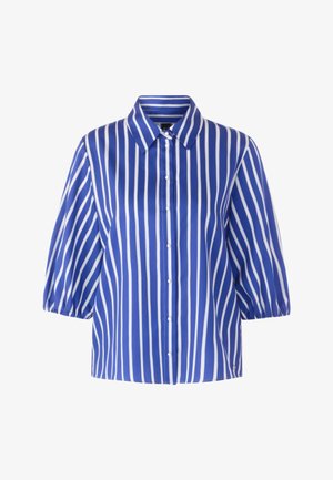 Blue button-up shirt with white vertical stripes, three-quarter puff sleeves, and a pointed collar.