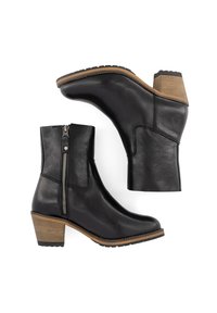 Botas de tobillo de cuero negro con cremallera lateral, tacón grueso de madera y suela texturada. Exterior liso con una silueta elegante.