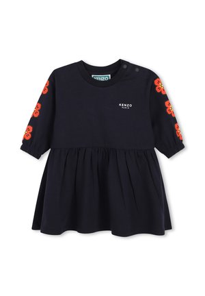 Robe bébé noire à manches longues avec jupe froncée, imprimés de fleurs rouges sur les manches et logo Kenzo Paris sur la poitrine.