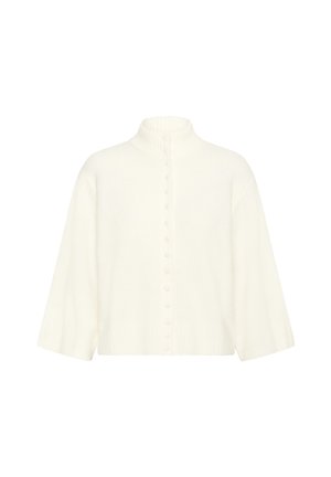 Weißer Strickcardigan mit geripptem Stehkragen, verdeckten Knöpfen vorne, weiten Ärmeln und geripptem Saum.