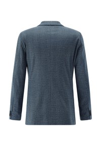 Blue textured blazer featuring a tailored fit, notched collar, and single vent at the back. Buttoned cuffs with subtle accents.