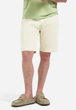 Man draagt lichtbeige korte broek, groen shirt en beige instap loafers, staand tegen een witte achtergrond.