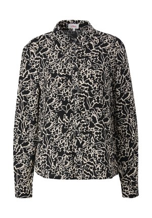 Langarmshirt in zwart en wit met een abstract bloemenpatroon, knoopsluiting aan de voorkant, klassieke kraag en zachte stoftextuur.