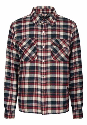 Męska koszula-kurtka w kratę w kolorach czerwonym, czarnym, białym i beżowym, z dwoma kieszeniami na piersi i długimi rękawami.