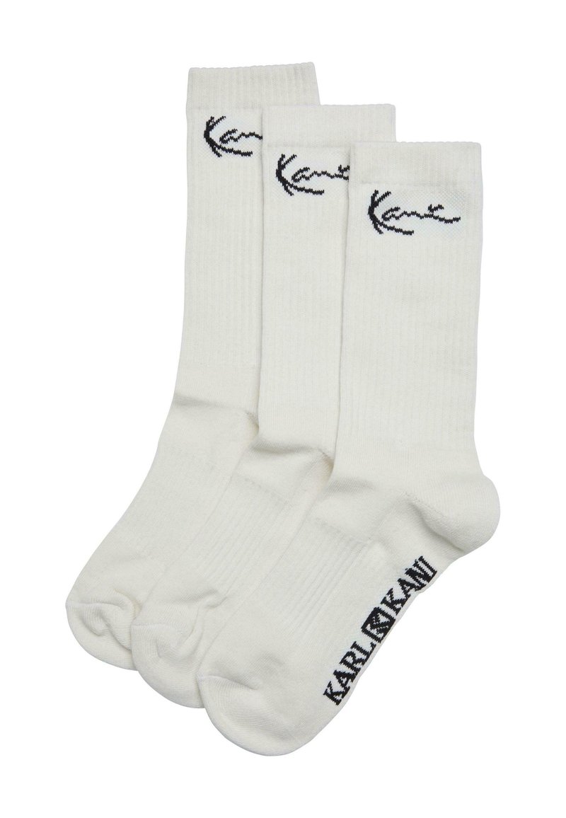 Weiße gerippte Socken mit schwarzem gesticktem Logo am Bund und an der Seite; drei Paare im Set enthalten. Weiches Baumwollgemisch-Material.
