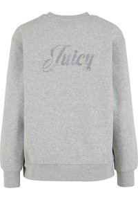 Pilkas džemperis su apvalia iškirpte, ilgomis rankovėmis ir "Juicy" logotipu, papuoštu kristalais, nugarinėje pusėje.
