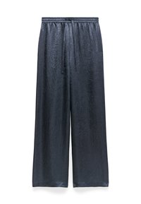 Weite Hosen aus strukturiertem, glänzendem schwarzem Stoff. Mit einem elastischen Bund und Kordelzug sowie einer entspannten Passform.