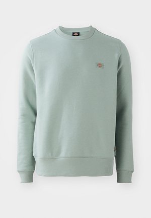 Mint green sweatshirt made from soft fabric, featuring a crew neck, ribbed cuffs, and a small logo patch on the chest. Smooth texture.