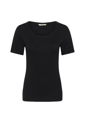 Tricou negru, mulat, pentru femei, cu mâneci scurte și decolteu rotund, cu o etichetă Love Copenhagen vizibilă în interiorul gulerului.