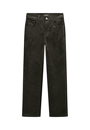 Black corduroy pants with a straight leg design, featuring front pockets and a button closure at the waist. Textured fabric, subtle sheen.