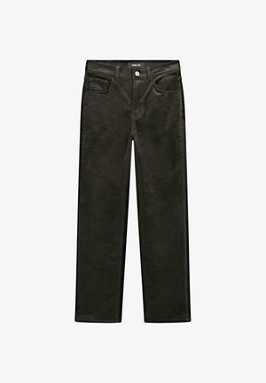 Czarne spodnie z korduroyu o prostym kroju, z przednimi kieszeniami i zapięciem na guzik w pasie. Teksturowana tkanina, subtelny połysk.