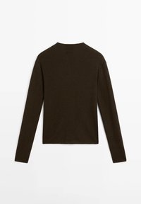 Brown, ribbed long-sleeve top with a round neckline and straight cut. Features smooth texture and minimal design with no embellishments.