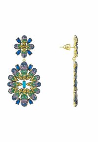 Gold-tone earrings featuring a floral design, encrusted with multicolored gemstones in blue, green, purple, and yellow hues.