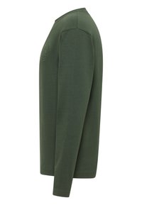 Tamsiai žalia medvilninė marškinėliai ilgomis rankovėmis. Apvalus kaklas ir subtilus logotipas ant krūtinės. Švelni tekstūra, tiesus kirpimas.