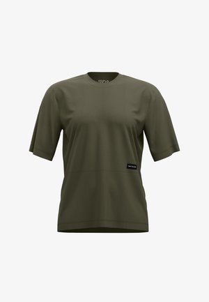 Olive green short-sleeve t-shirt made of stretchy fabric, featuring a crew neckline and a subtle logo tag on the hem. Smooth texture.