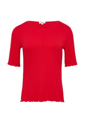 Rode geribbelde gebreide top met korte mouwen en een ronde halslijn. Heeft een subtiele middennaad en ruches aan de mouwranden voor extra textuur.