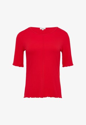 Rode geribbelde gebreide top met korte mouwen en een ronde halslijn. Heeft een subtiele middennaad en ruches aan de mouwranden voor extra textuur.
