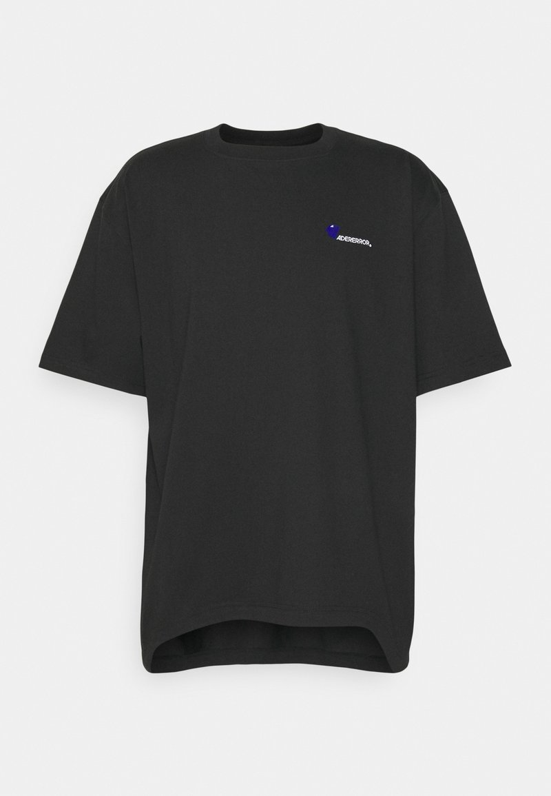 Black cotton t-shirt with short sleeves, round neckline, and a loose fit. Features a small blue and white logo on the left chest area.