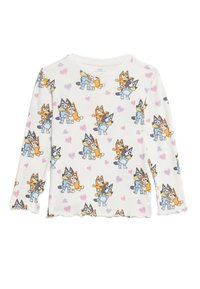 Witte lange mouwen shirt gemaakt van zachte stof, met een speels cartoonpatroon van honden met kleurrijke accenten en kleine hartontwerpen.