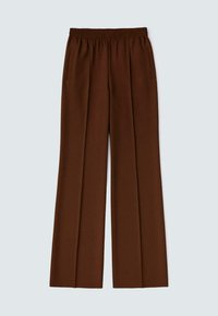 Brown wide-leg trousers featuring an elasticated waistband, two side pockets, and a smooth, textured fabric.